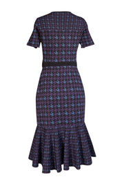 Shoshanna - Black, Purple, & Blue Houndstooth Pattern Flounce Hem Dress Sz L - Current Boutique
