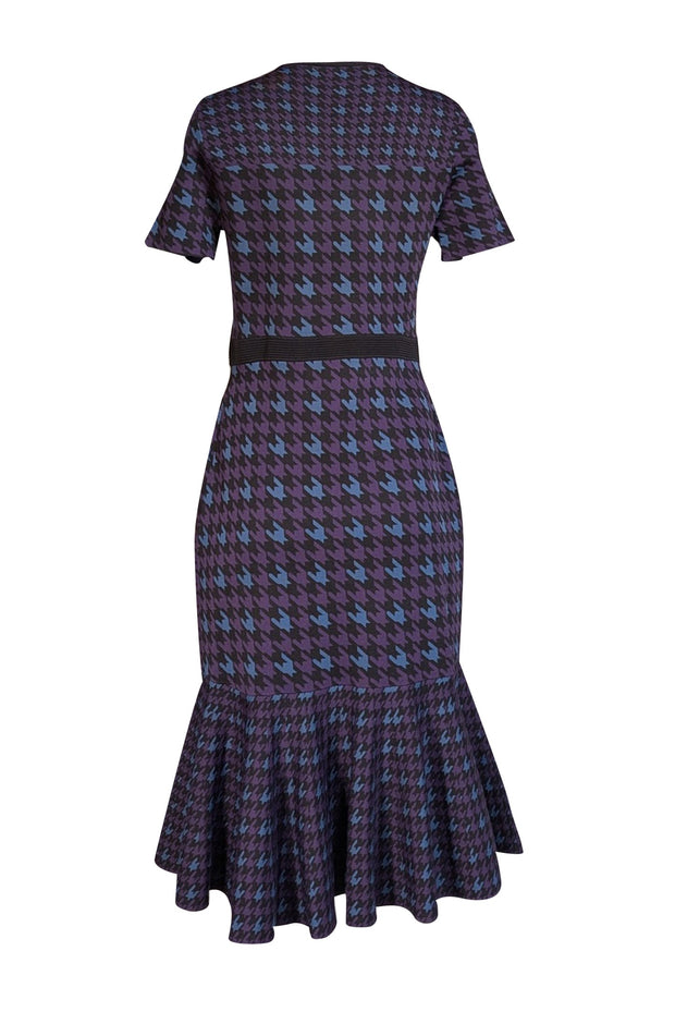 Shoshanna - Black, Purple, & Blue Houndstooth Pattern Flounce Hem Dress Sz L - Current Boutique