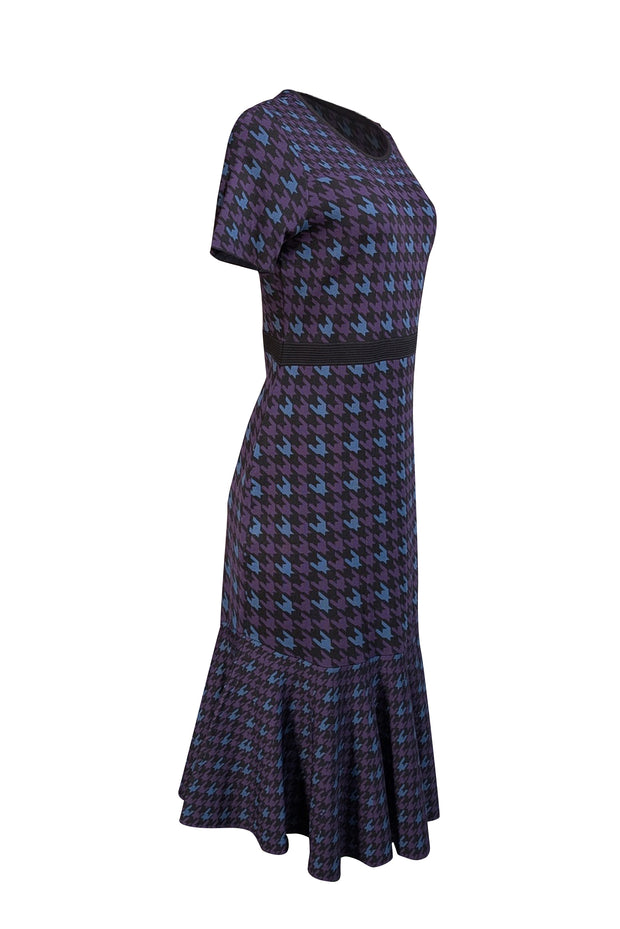 Shoshanna - Black, Purple, & Blue Houndstooth Pattern Flounce Hem Dress Sz L - Current Boutique