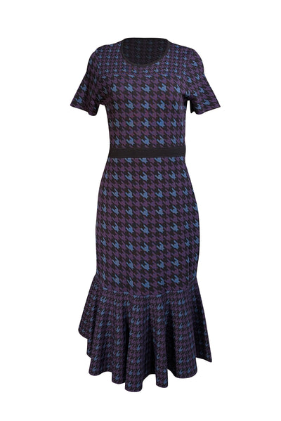 Shoshanna - Black, Purple, & Blue Houndstooth Pattern Flounce Hem Dress Sz L - Current Boutique