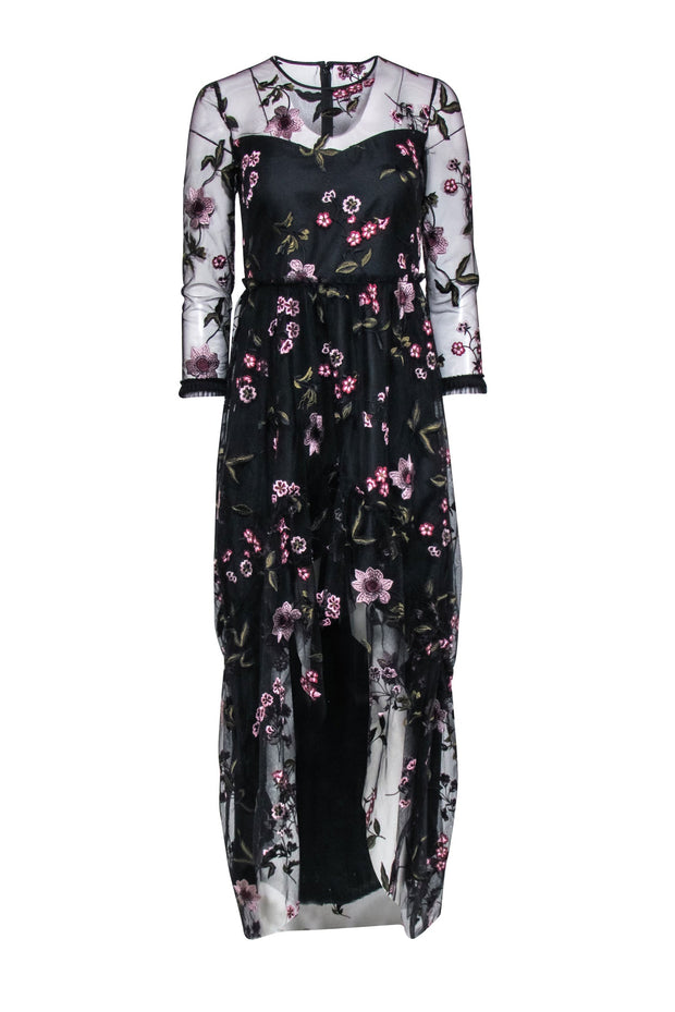 Current Boutique-Shoshanna - Black Mesh Formal Dress w/ Pink Floral Embroidery Sz 2