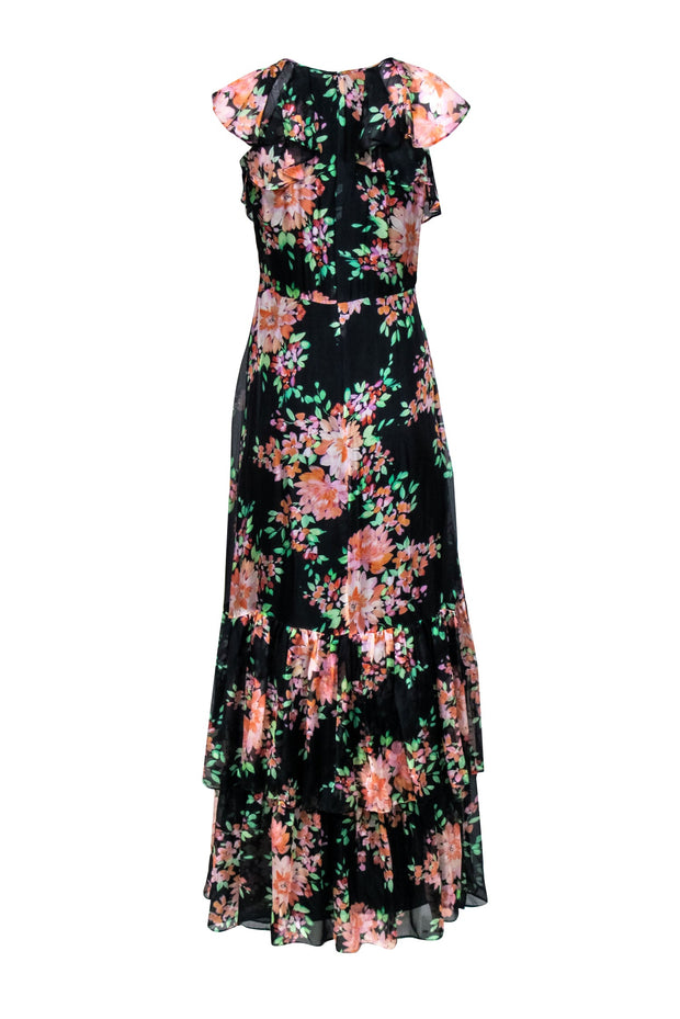 Current Boutique-Shoshanna - Black & Multi Color Floral Ruffled Cap Sleeve Formal Dress Sz 2