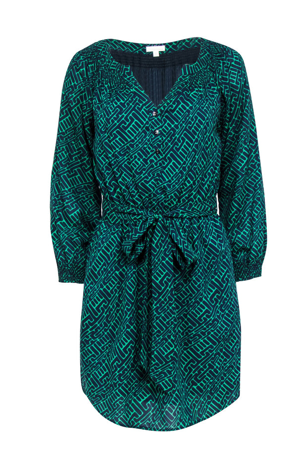 Current Boutique-Shoshanna - Green & Navy Geometric Print Long Sleeve Dress Sz 0