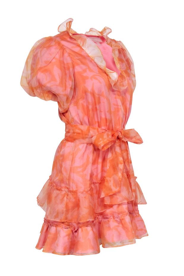 Current Boutique-Show Me Your Mumu - Orange & Pink Watercolor Print Ruffle Dress Sz S