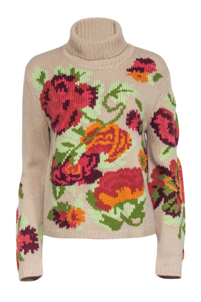 Current Boutique-Sonia Bogner - Beige w/ Multicolor Large Floral Print Sweater Sz 8
