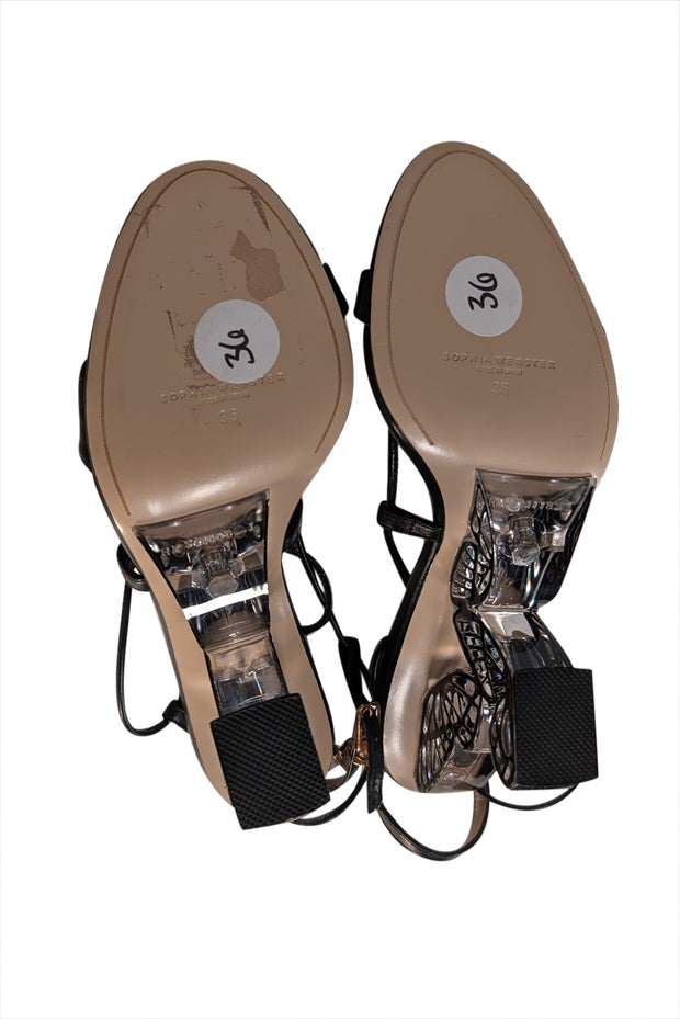 Current Boutique-Sophia Webster = Black Leather "Paloma 85MM" Strappy Open Toe Pumps Sz 6