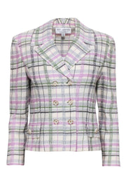 Current Boutique-St. John - Ivory, Green, & Lavender Plaid Double Breasted Button Blazer Sz 6