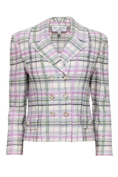 Current Boutique-St. John - Ivory, Green, & Lavender Plaid Double Breasted Button Blazer Sz 6