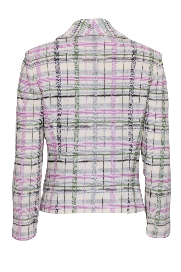 Current Boutique-St. John - Ivory, Green, & Lavender Plaid Double Breasted Button Blazer Sz 6