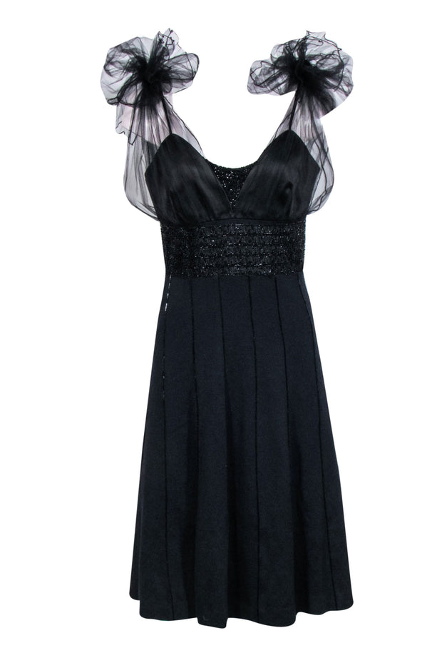 Current Boutique-St. John - Black Knit & Tulle Midi Dress w/ Beading Accent Sz 8