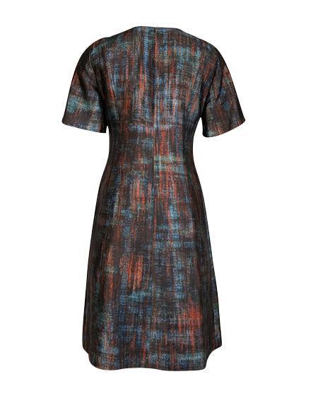 Current Boutique-St. John - Teal, Red, Blue, & Black Printed Silk & Wool Blend Dress Sz 8
