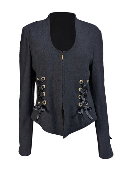St. John - Black Knit Jacket w/ Embellished Ribbon Detail Sz 10 - Current Boutique