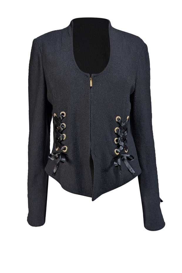 St. John - Black Knit Jacket w/ Embellished Ribbon Detail Sz 10 - Current Boutique