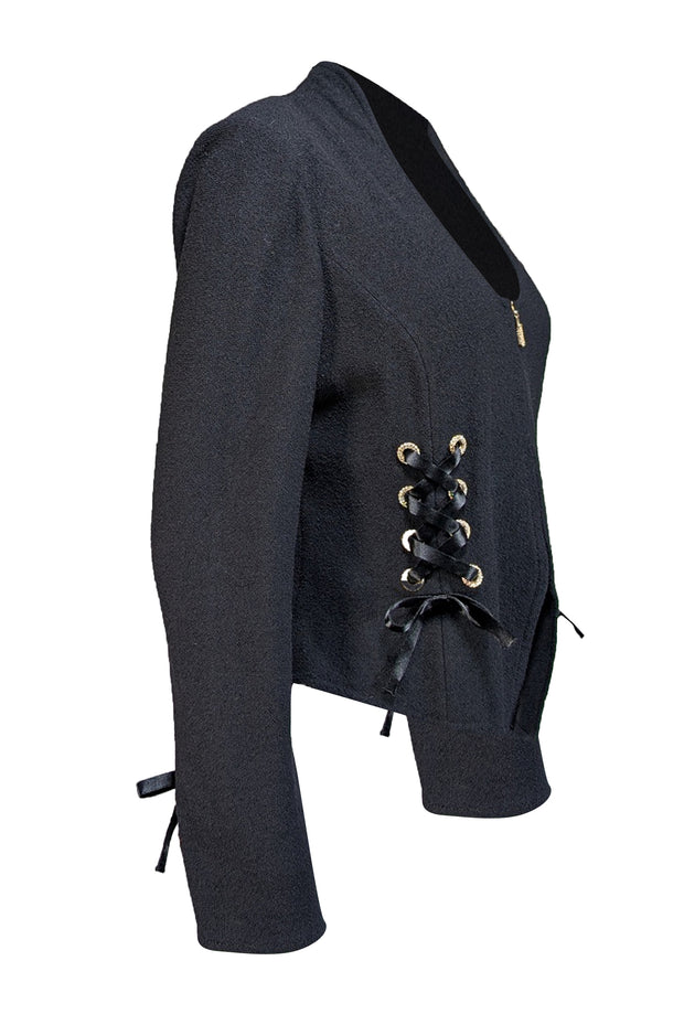 St. John - Black Knit Jacket w/ Embellished Ribbon Detail Sz 10 - Current Boutique