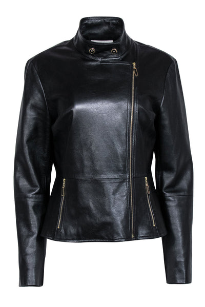 Current Boutique-St. John - Black Leather Moto Zip Jacket Sz 10