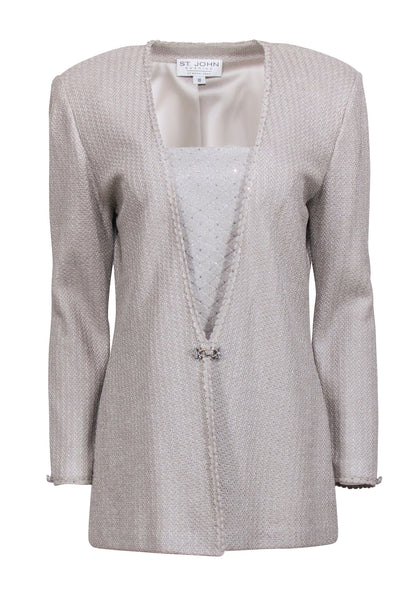 Current Boutique-St. John - Champagne Gold Metallic Knit Jacket w/ Detachable Front Panel Sz 10
