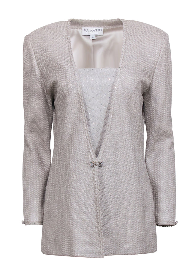 Current Boutique-St. John - Champagne Gold Metallic Knit Jacket w/ Detachable Front Panel Sz 10