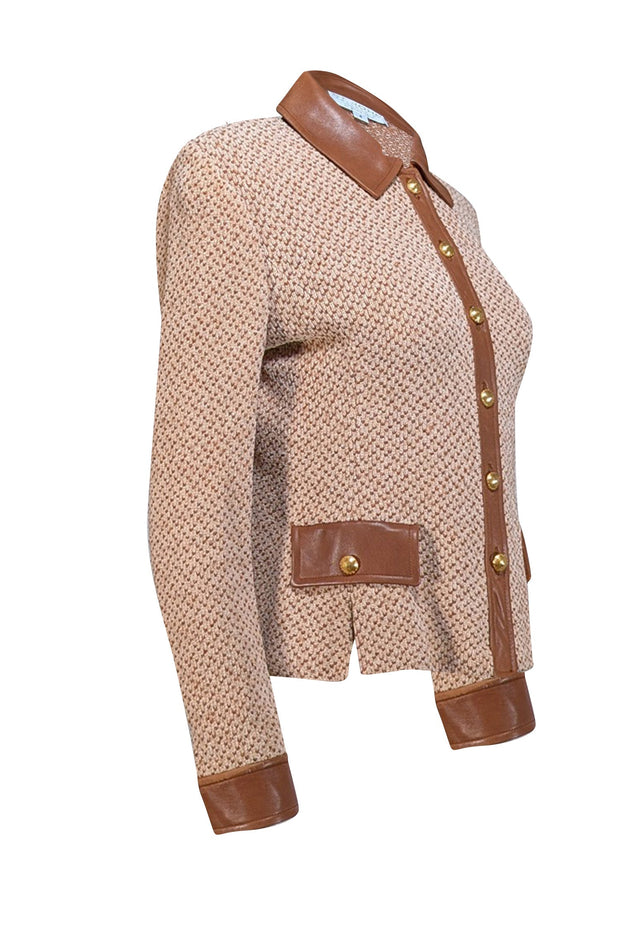 Current Boutique-St. John - Light Brown & Tan Wool Blend Jacket w/ Leather Trim Sz 4