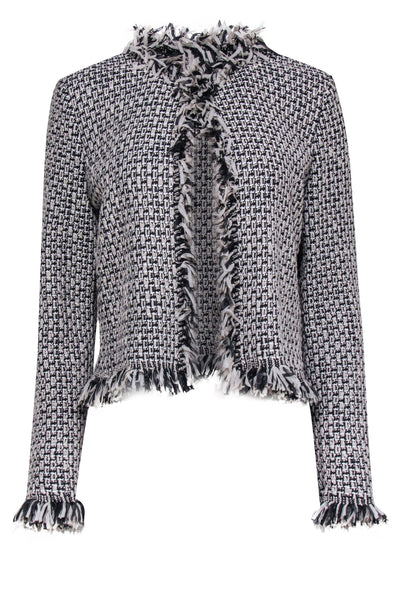 Current Boutique-St. John - Beige & Black Woven Jacket w/ Fringe Trim Sz 8