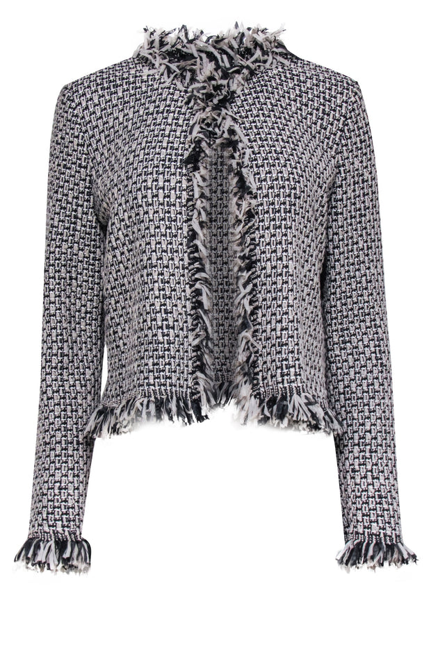 Current Boutique-St. John - Beige & Black Woven Jacket w/ Fringe Trim Sz 8