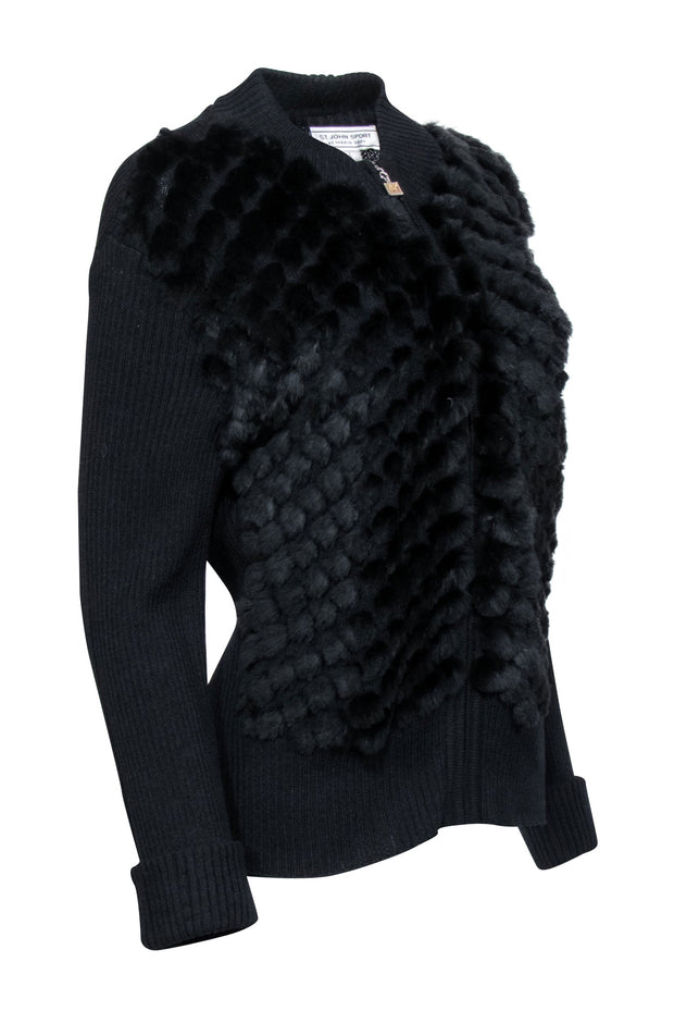 Current Boutique-St. John - Black Rabbit Front Zip Up Jacket Sz L