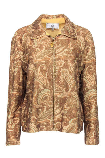 Current Boutique-St. John - Tan Paisley Print Knit Zipper Front Jacket Sz L