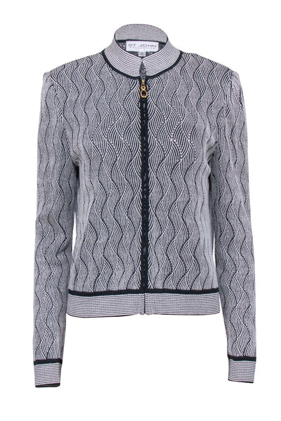 Current Boutique-St. John - Black & White Knit Zipper Front Jacket Sz 8
