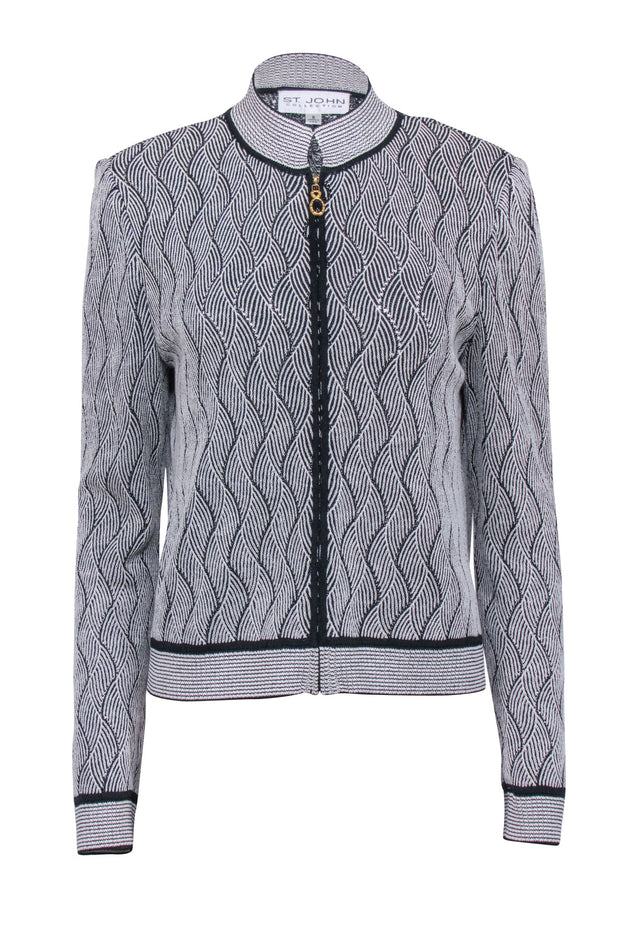 Current Boutique-St. John - Black & White Knit Zipper Front Jacket Sz 8