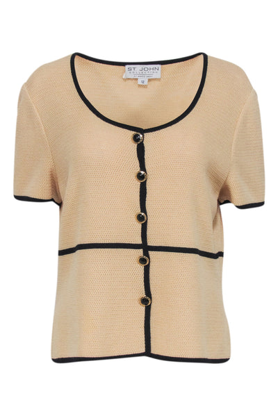 Current Boutique-St. John - Beige & Black Knit Button Detail Top Sz 12