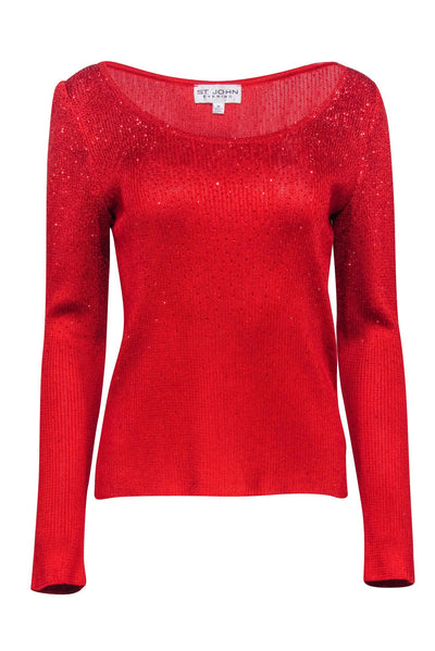 Current Boutique-St. John - Red Knit Rhinestone Scoop Neck Sweater Sz M