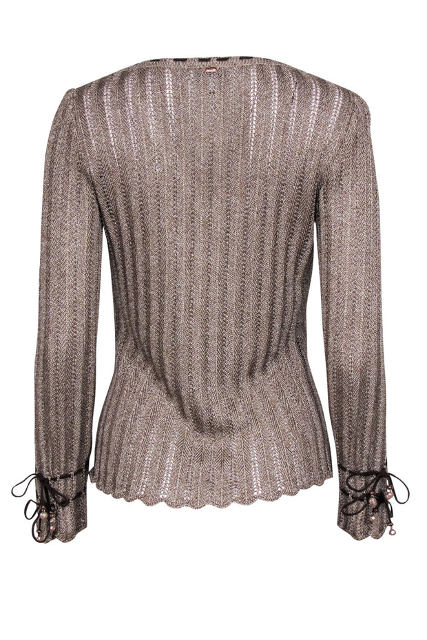 Current Boutique-St. John - Beige Metallic Sweater w/ Beaded Lace-Up Details Sz P