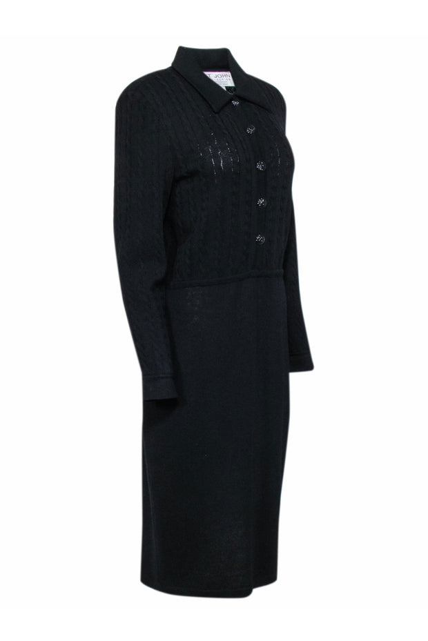 Current Boutique-St. John - Black Cable Knit Long Sleeve Button-Up Dress Sz 8