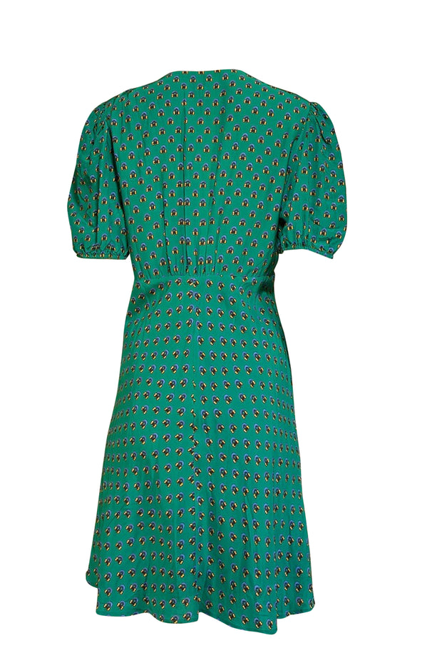 Current Boutique-Staud - Green w/ Blue & Yellow Floral Print Puff Sleeve Dress Sz 12
