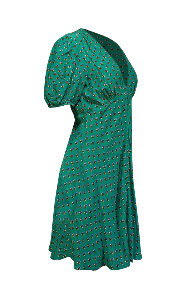 Current Boutique-Staud - Green w/ Blue & Yellow Floral Print Puff Sleeve Dress Sz 12