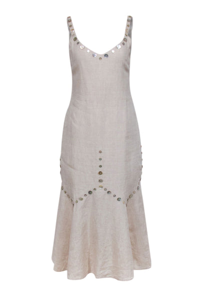 Current Boutique-Staud - Beige Linen Midi Dress w/ Tortoise Button Trim Sz 4