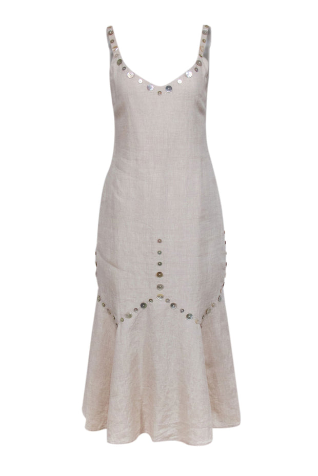 Current Boutique-Staud - Beige Linen Midi Dress w/ Tortoise Button Trim Sz 4