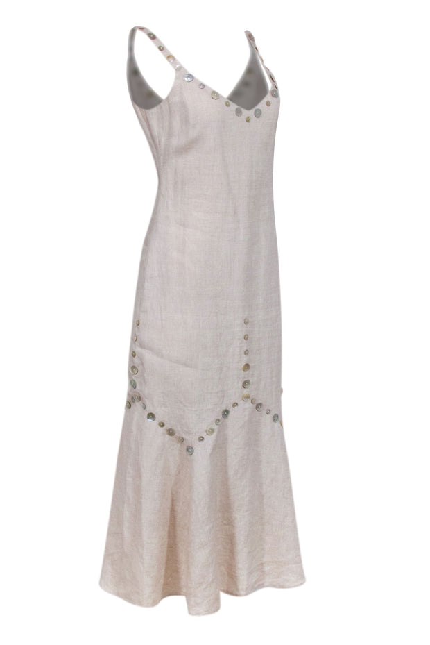 Current Boutique-Staud - Beige Linen Midi Dress w/ Tortoise Button Trim Sz 4