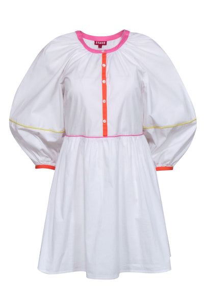 Current Boutique-Staud - White Long Sleeve Babydoll Mini Dress w/ Colorful Trim Sz S