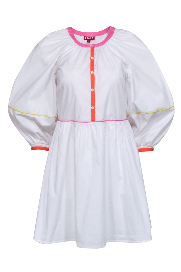 Current Boutique-Staud - White Long Sleeve Babydoll Mini Dress w/ Colorful Trim Sz S