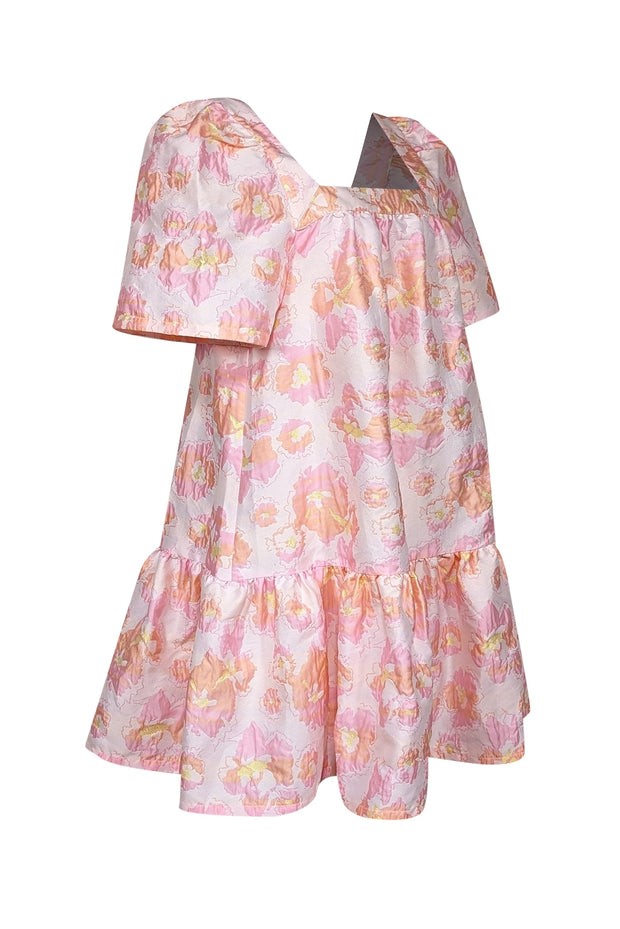 Current Boutique-Stella Nova - Pink, Peach, & Metallic Floral Jacquard Flounce Hem Dress Sz 10