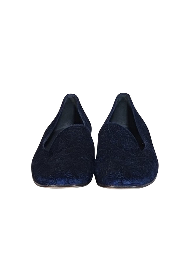 Stuart Weitzman - Dark Blue Velvet Brocade Loafers Sz 7.5 - Current Boutique