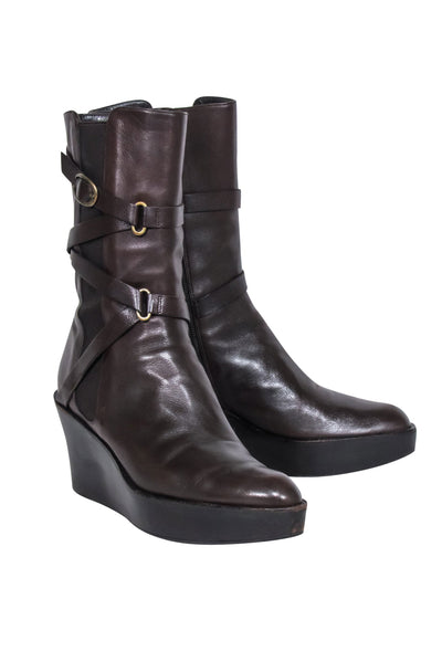 Current Boutique-Stuart Weitzman - Brown Buckle Detail Wedged Boots Sz 8.5