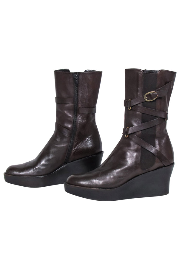 Current Boutique-Stuart Weitzman - Brown Buckle Detail Wedged Boots Sz 8.5