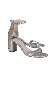 Stuart Weitzman - Champgane Gold Glitter Block Heel Sandal Sz 9.5 - Current Boutique