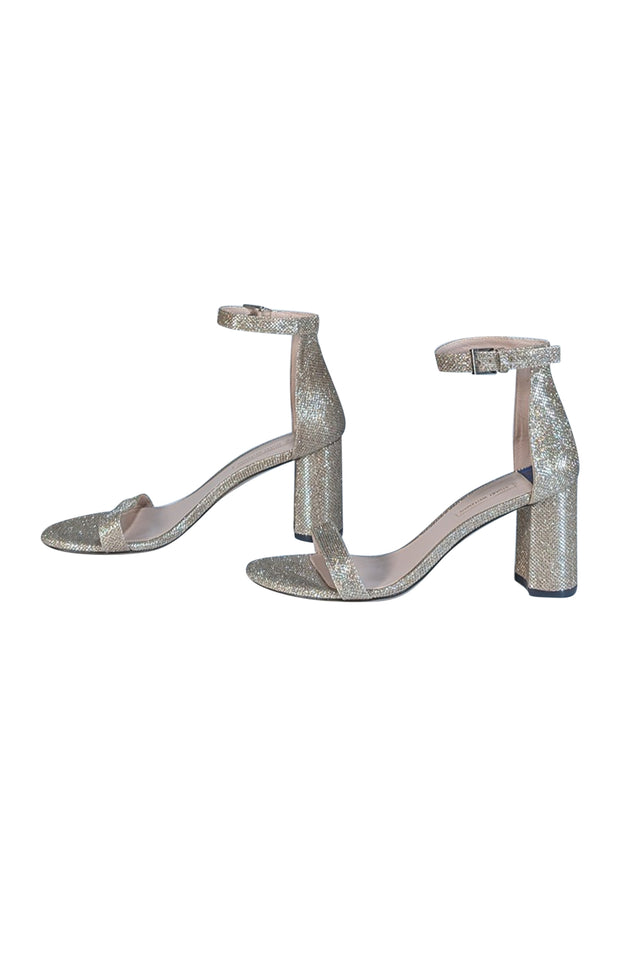 Stuart Weitzman - Champgane Gold Glitter Block Heel Sandal Sz 9.5 - Current Boutique