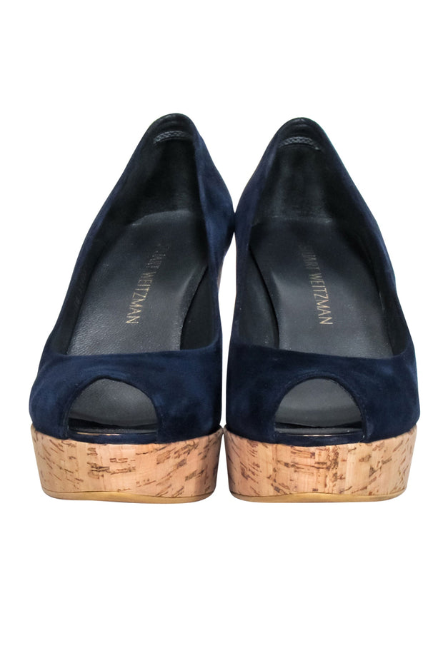 Current Boutique-Stuart Weitzman - Navy Peep Toe Cork Wedges Sz 8