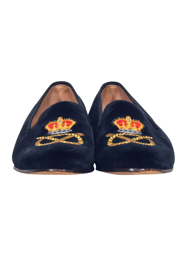 Current Boutique-Stubbs & Wootton - Navy Velvet Loafers w/ Embroidered Crown Toe Sz 11