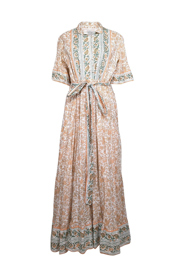 Current Boutique-Sue Sartor - Ivory, Orange, & Green Print Maxi Dress Sz M