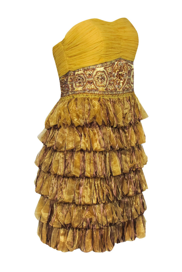 Current Boutique-Sue Wong - Gold Strapless Ribbon Trim Bottom Dress Sz 10