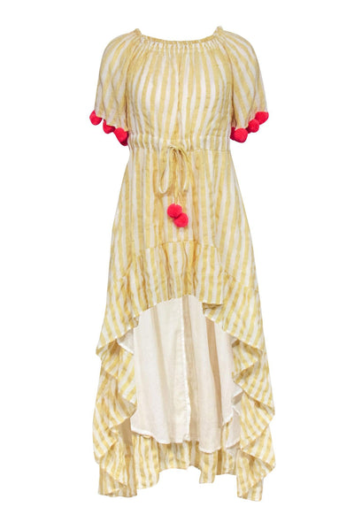 Current Boutique-Sundress - Yellow Stripe High-Low Dress w/ Magenta Pom Trim Sz XS/S